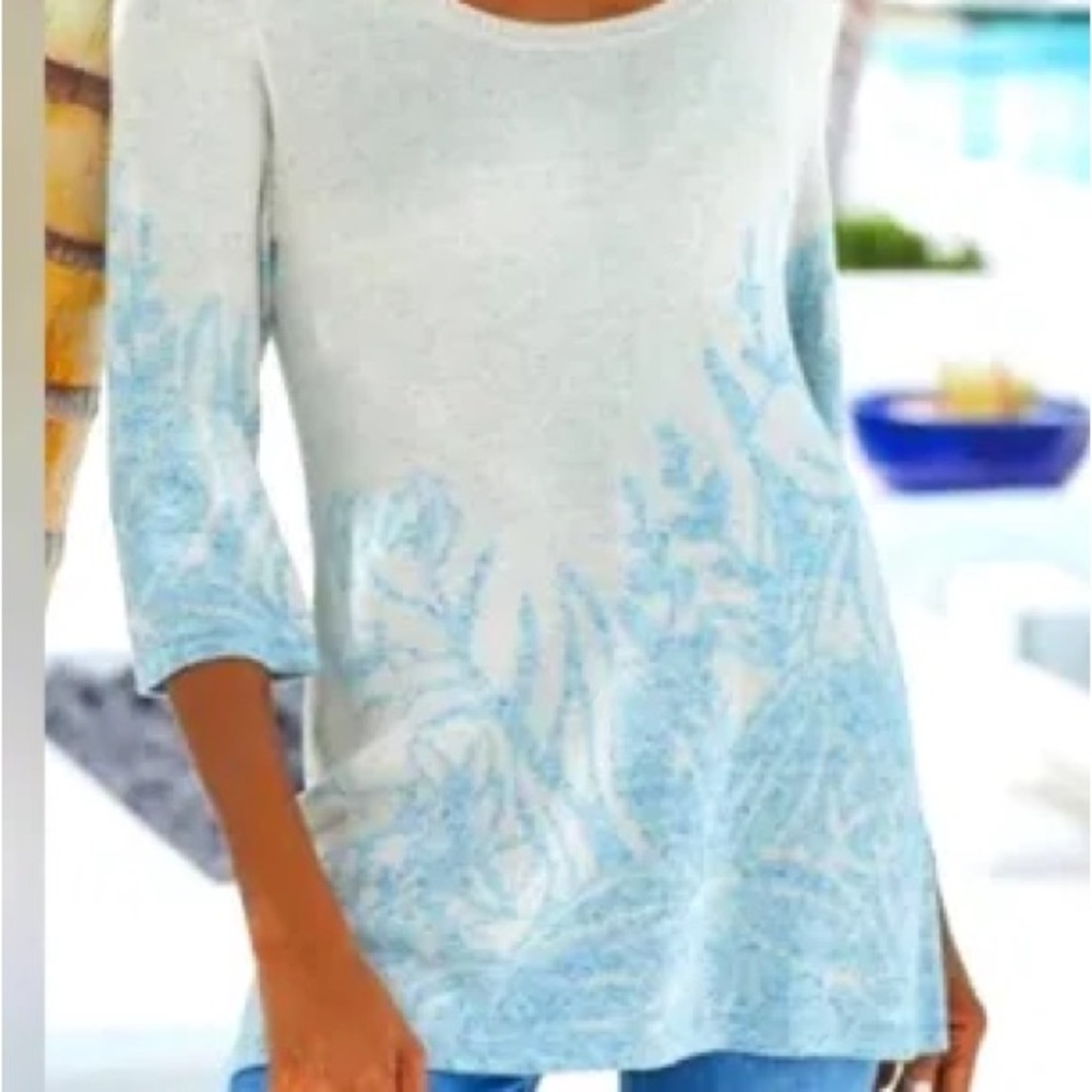 Soft Surroundings Floral Knit Sweater Size Large blue gray NWOT coastal casual